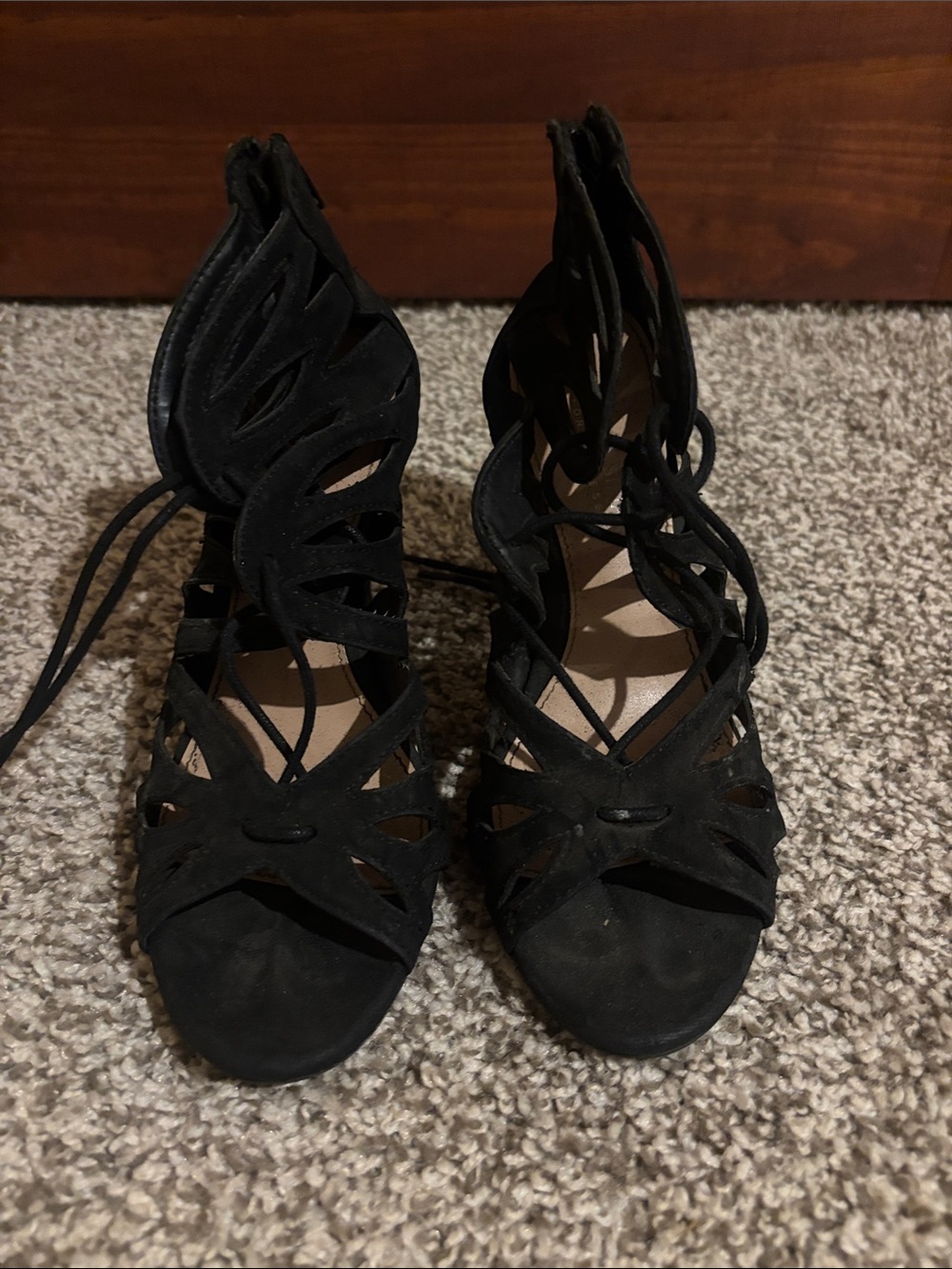 Christian Siriano Black Lace-Up Cutout Heels